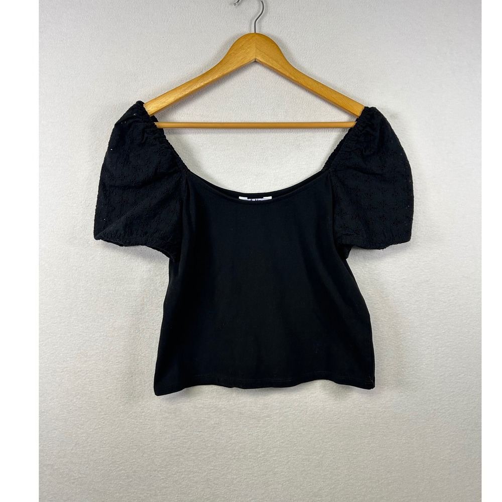 Vylette‎ Black Puff Sleeve Square Neck Textured Top Women's Size L